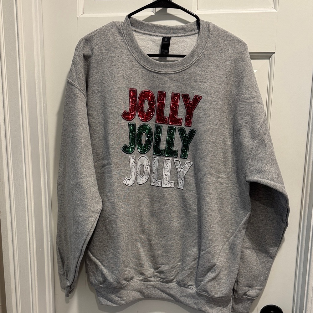 Gildan Gray Sweatshirt with Red, Green, and White 'JOLLY' Appliqué